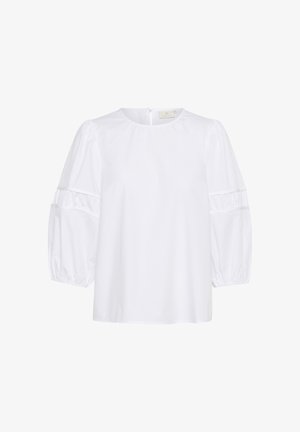 Balta palaidinė su apykakle, pusiau ilgio pūstomis rankovėmis, turinčiomis susiraukšlėjimo detales, ir raktų skylutės uždarymu gale. Lygi audinio tekstūra.