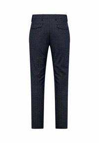 Pantaloni dritti blu scuro realizzati in tessuto testurizzato. Dotati di due tasche posteriori e vita standard. Design minimalista.