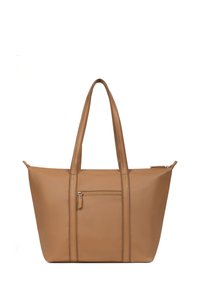 Bruine synthetische tote bag met twee lange banden, voorzien van een ritsvak aan de voorkant en subtiele stikdetails. Gladde textuur, hoekige vorm.