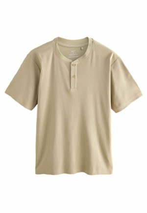 Beige henley t-shirt met korte mouwen, een ribbeltextuur, een twee-knopen sluiting en een ronde halslijn. Regular fit en zachte stof.