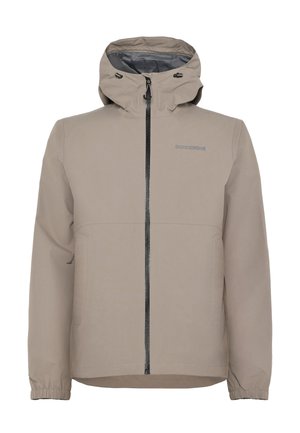 Veste beige imperméable avec capuche, fermeture éclair à l'avant, deux poches latérales, poignets élastiques et un logo discret sur la poitrine.