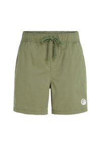 Khaki green swim shorts with an elastic waistband, drawstring, side pocket, and a round logo patch on the lower right leg.