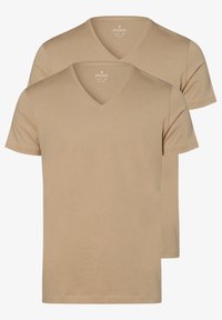 Beige V-Ausschnitt-T-Shirts, kurze Ärmel, aus Baumwolle, mit weicher Textur und klassischer Passform. Zwei Stücke im Set enthalten.