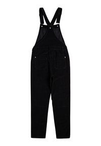 Schwarze Corduroy-Latzhose mit verstellbaren Trägern, Fronttaschen und zwei Gesäßtaschen. Merkmale sind der strukturierte Stoff und die silbernen Hardware-Details.