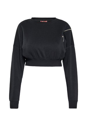 Sort kort sweatshirt med lange ærmer med ribkanter ved manchetter og kant, rund halsudskæring og lomme med lynlås på øverste venstre ærme.