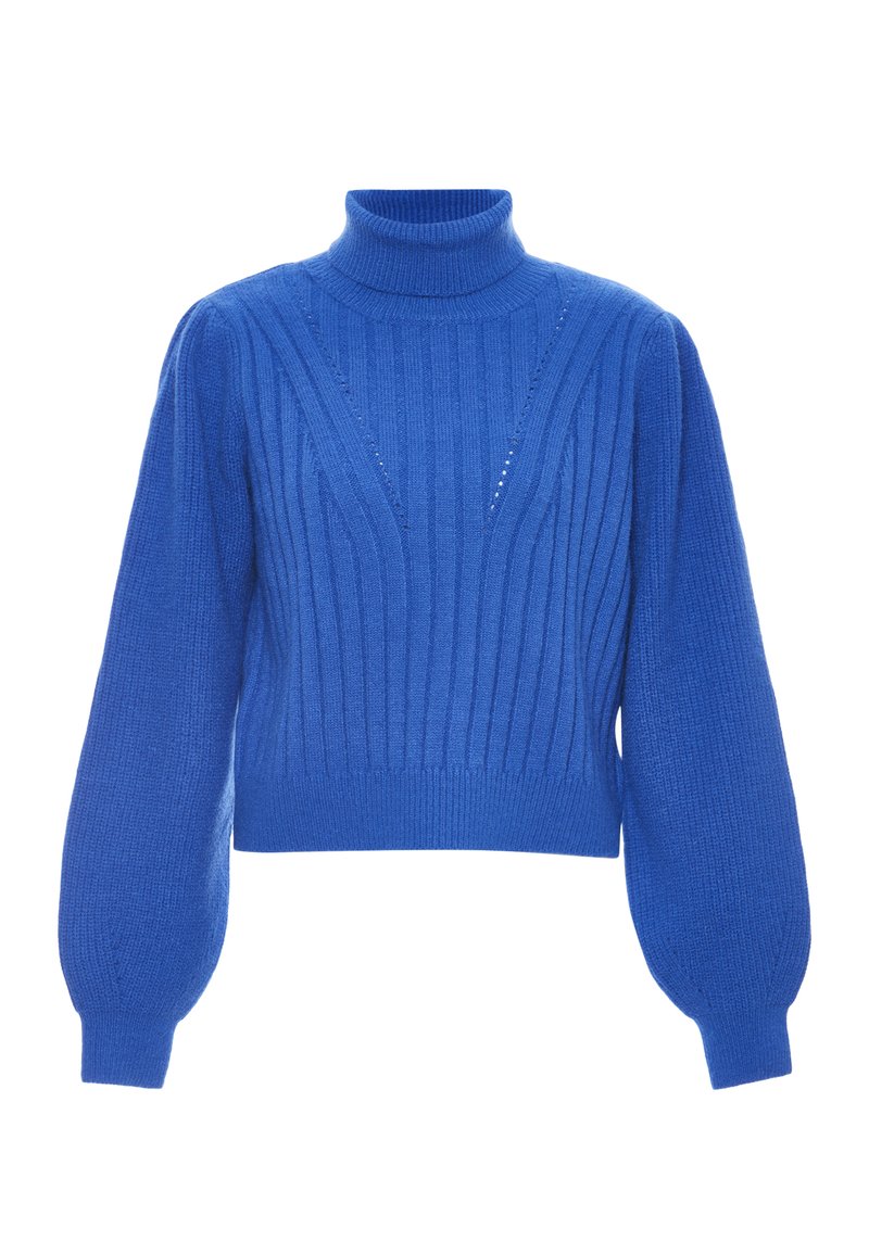 Blauwe gebreide trui met hoge kraag, geribbelde textuur, volumineuze mouwen en verticale patroondetails. Verkorte uitvoering.