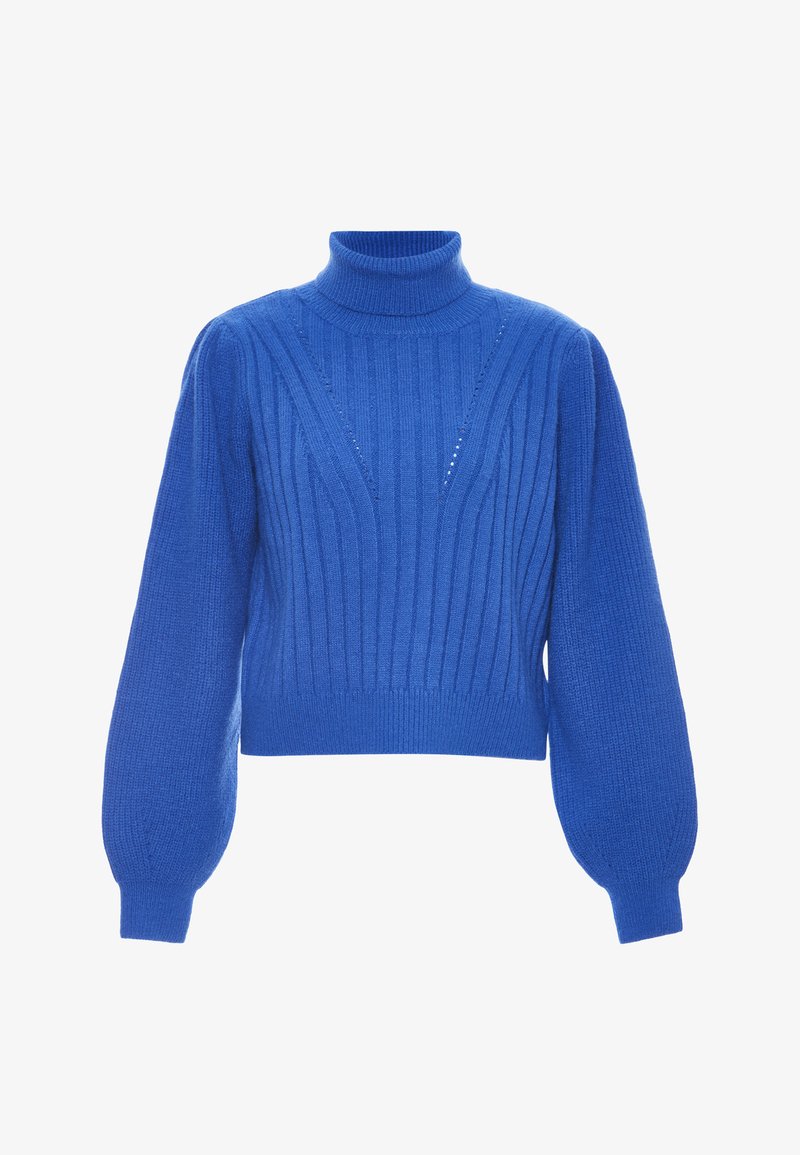 Blauer gestrickter Pullover mit hohem Kragen, gerippter Textur, voluminösen Ärmeln und vertikalen Musterdetails. Verkürztes Design.