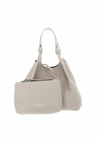 Sac en cuir gris clair avec une finition texturée et une pochette zippée amovible. Il possède une seule bandoulière et une forme douce et décontractée.