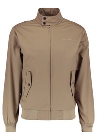 Veste marron clair zippée avec col montant, deux poches avant à rabats boutonnées, poignets et ourlet côtelés, et petit logo brodé de la marque sur la poitrine.