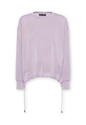 Lila sweatshirt met lange mouwen, ronde halslijn, geplooide zoom en trekkoord aan de zijkanten. Heeft een reliëfdesign aan de voorkant.