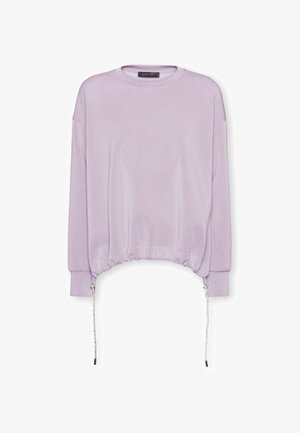 Lilac sweatshirt with long sleeves, round neckline, gathered hem, and drawstring at the sides. Features an embossed design on the front.