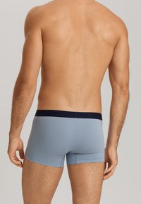 Ljusblå boxerkalsonger med midjeband i marinblått som har präglad logotyp. Tyget verkar slätt med en figurnära design och utan synliga mönster.