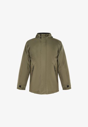 Olivgrüne isolierte Jacke mit hohem Kragen, Reißverschluss vorne und zwei Seitentaschen. Besitzt ein strukturiertes Material und verstellbare Bündchen.