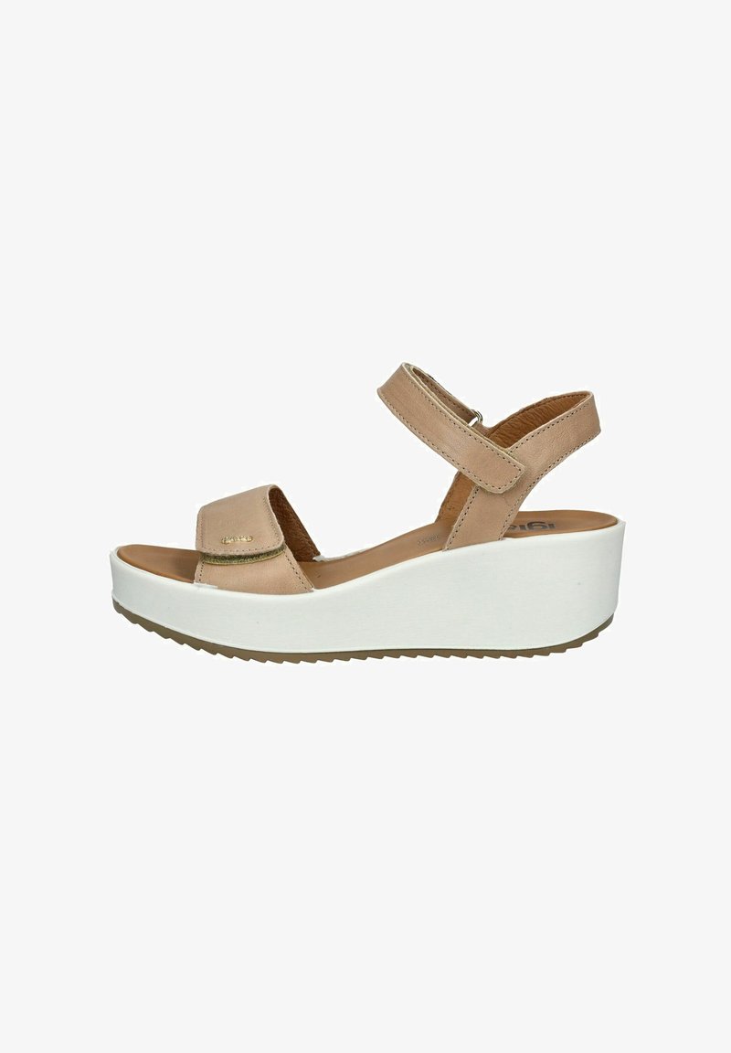 Beige wedge sandals with two adjustable straps, a smooth leather-like upper, and a white platform sole featuring a textured bottom.