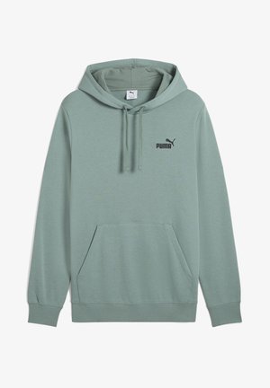 Jasnozielona bluza z kapturem z miękkiego materiału, z kieszenią typu kangur, sznurkiem w kapturze oraz czarnym logo "PUMA" na piersi.