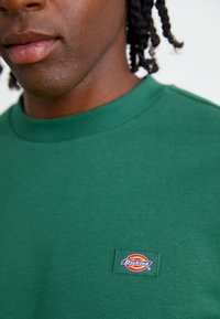 Green cotton sweatshirt with a crew neck. Features a small red, yellow, and blue "Dickies" logo patch on the chest. Ribbed cuffs and neckline.