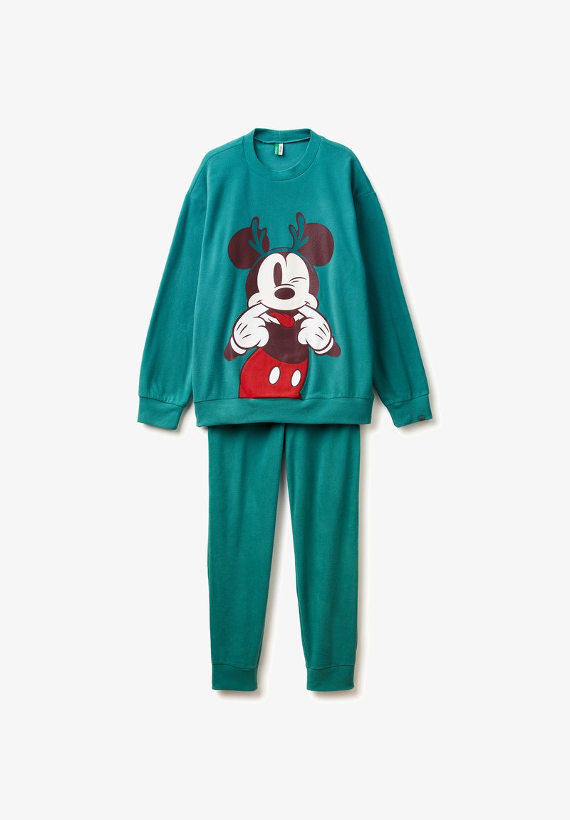 Completo in pile turchese con maglia a maniche lunghe e pantaloni, decorato sul davanti con la stampa di un topo cartone animato che fa l'occhiolino, indossa corna da renna e pantaloncini rossi.