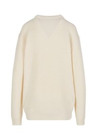 Pull en tricot couleur crème, à manches longues, avec un col rond, des poignets et un ourlet côtelés, vu de dos.