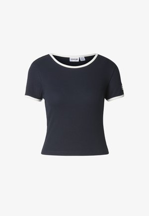 Marineblauw geribd T-shirt met korte mouwen en een witte ronde hals en mouwzoom. Regular fit met een eenvoudig, klassiek ontwerp.