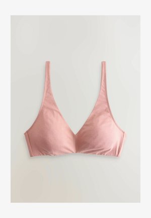 Kergelt roosa bralette, millel on sile tekstuur, kolmnurkse tassiga, õhukesed rihmad ja ilma tugevdustraatideta, loodud minimaalse katvuse ja mugavuse tagamiseks.