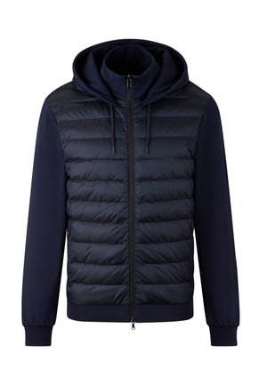 Veste à capuche bleu marine avec devant léger matelassé, manches lisses contrastantes, fermeture éclair, poignets côtelés et col haut pour plus de chaleur.