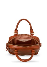 Borsa in pelle marrone con zip superiore, manici arrotondati e tasca interna. L'interno è foderato in un tessuto morbido.