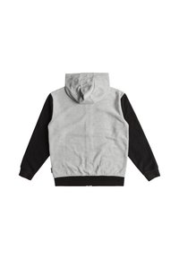 Hoodie met een grijze body en zwarte mouwen, ribbelkimpen en onderrand, zachte textuur, met een kangoeroezak aan de voorkant.