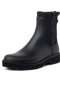 Botas de tobillo impermeables negras, hechas de goma, con paneles laterales elásticos, suela texturizada y cremallera para facilitar el uso.