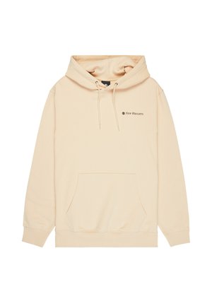 Beiger Hoodie mit einer vorderen Kängurutasche, verstellbarer Kapuze mit Kordelzug und dem Schriftzug "New Heights" in Schwarz auf der linken Brust. Glatte Stofftextur.