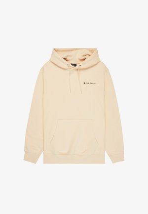 Beiger Hoodie mit einer vorderen Kängurutasche, verstellbarer Kapuze mit Kordelzug und dem Schriftzug "New Heights" in Schwarz auf der linken Brust. Glatte Stofftextur.