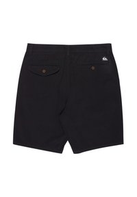 Black shorts made of cotton with a smooth texture. Features two back pockets with button closures and a logo label on the right pocket.