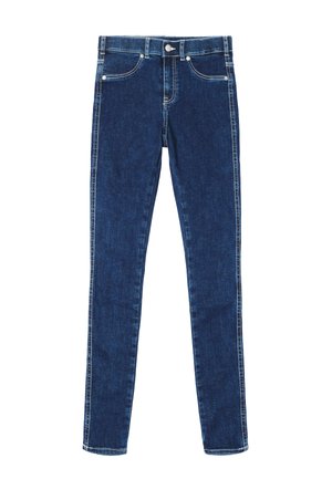 Dark blue skinny jeans made of denim featuring five pockets, a front button, and white stitching along the seams for added detail.