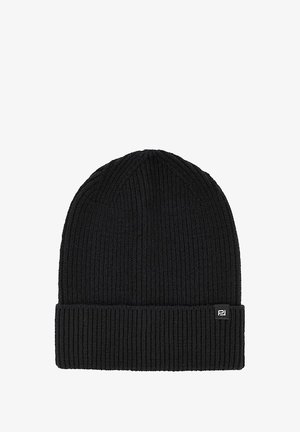 Czarna dzianinowa czapka beanie z ryżowym wzorem i podwiniętym mankietem; posiada małą metkę z logo z boku.
