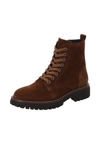 Brązowe botki zamszowe za kostkę z sznurowaniem z przodu, zaokrąglonym noskiem i grubą gumową podeszwą. Posiadają metalowe oczka i pętelkę na pięcie ułatwiającą zakładanie.