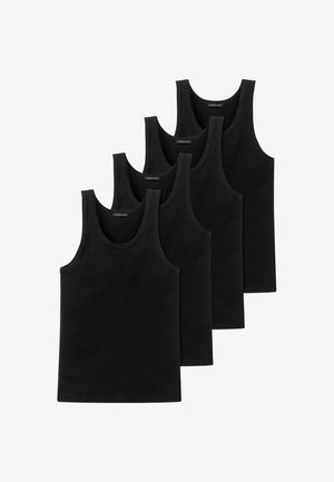 Schwarze gerippte Tanktops im Set von vier. Mit U-Ausschnitt, ohne Ärmel und glatter Textur. Einheitliches Design und Farbe.