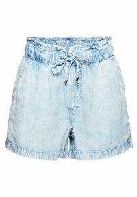 Short en jean bleu clair avec une ceinture élastique, une fermeture par cordon de serrage et des ourlets retroussés. Dispose de poches latérales et d'une texture douce.