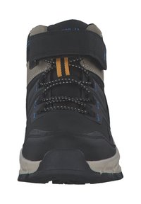 Black and grey hiking boot with a reinforced toe, textile upper, and adjustable strap. Features accented laces and textured sole.