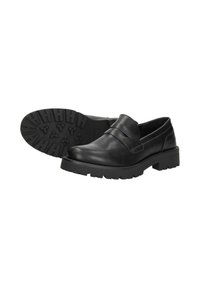Zwarte leren loafers met een brede band over de bovenkant, een ronde neus en een dikke, gestructureerde rubberen zool voor grip.