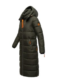 Lange, olijfgroene pufferjas met een capuchon. Beschikt over oranje accenten, ritszakken en ribgebreide manchetten. Gequilt, geïsoleerd ontwerp.