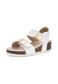 White sandal with two adjustable buckle straps, cork wedge sole, textured upper, and a serrated edge on the outsole for grip.
