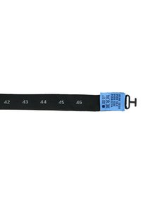 Black silk belt with numbered size markings (42-46) in white, featuring a blue label at one end with care instructions and material details.