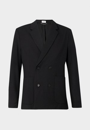 Black double-breasted blazer with notch lapels, four buttons, long sleeves, and two front patch pockets on a plain background.