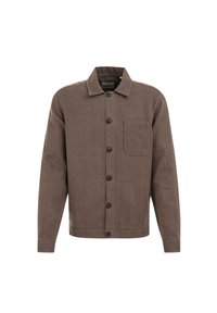 Brown button-up jacket made of textured fabric, featuring a collar, front pocket, and dark buttons. Straight-cut sleeves and hem.