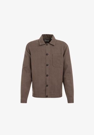 Bruine button-up jas van gestructureerde stof, met een kraag, een voorzak en donkere knopen. Recht gesneden mouwen en zoom.