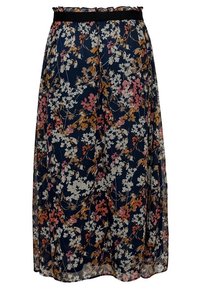 Jupe longue à fleurs avec un fond marine et des fleurs roses, blanches et orange. Fabriquée en tissu léger avec une taille élastique noire.