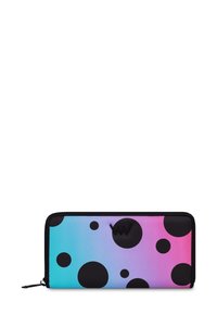 Multi-colored wallet featuring a gradient from turquoise to pink, adorned with large black polka dots. Made from durable material with a zipper closure.