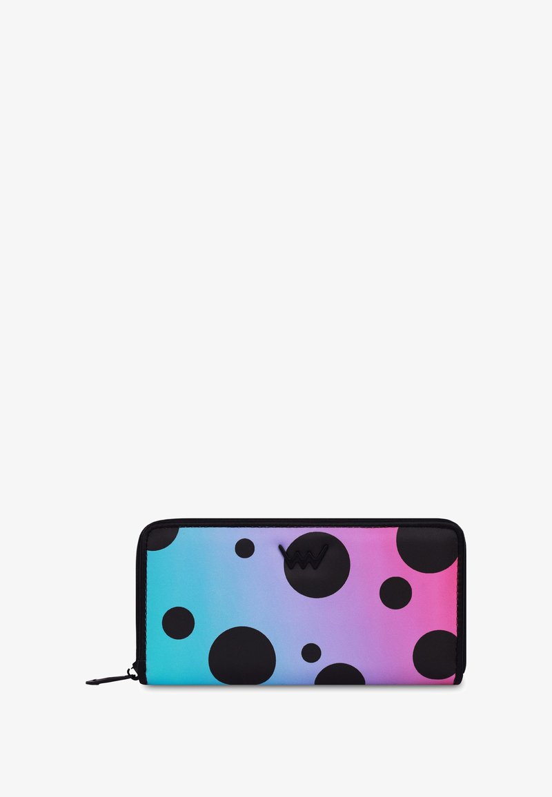 Multi-colored wallet featuring a gradient from turquoise to pink, adorned with large black polka dots. Made from durable material with a zipper closure.