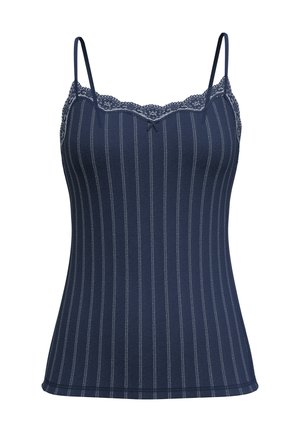 Marineblauwe camisole met dunne bandjes, voorzien van een kanten rand aan de halslijn en verticale witte strepen op zachte stof. Aansluitende vorm, gladde textuur.