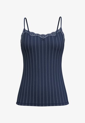 Navy camisole with thin straps, featuring a lace trim at the neckline and vertical white stripes on soft fabric. Fitted shape, smooth texture.