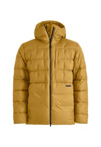 Yellow puffer jacket with a hood, featuring a quilted design, front zipper closure, and logo on the left chest. Smooth, insulated fabric.
